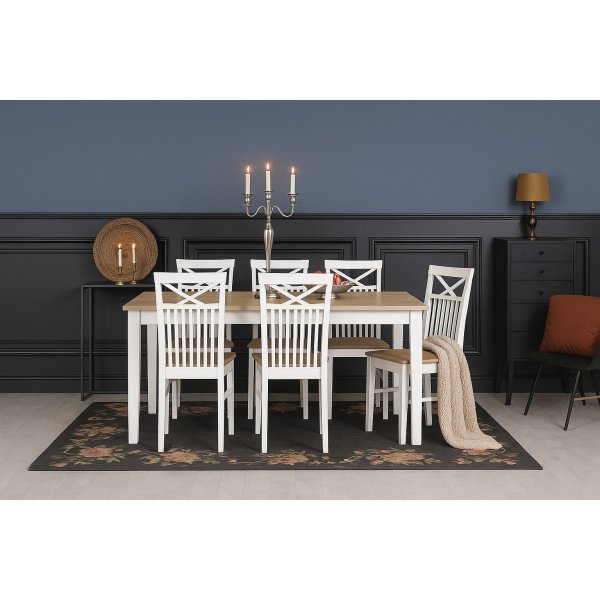 Spisegruppe Annika 180 cm bord med 6 stoler med sete og kryssrygg - Hvit / Oljet eik
