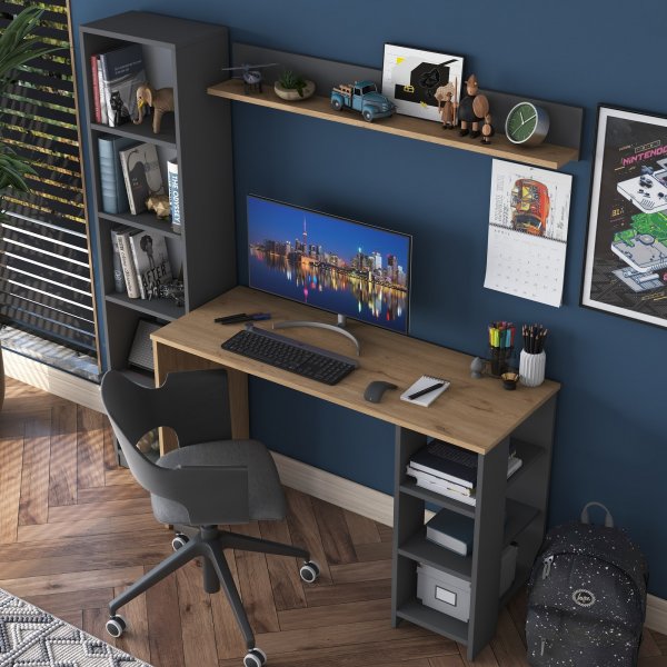 Hanna skrivebord med hyllesystem 16, 160 x 45 cm - Valnøtt/antrasitt Hanna skrivebord med hyllesystem 16, 160 x 45 cm - Valnøtt/antrasitt