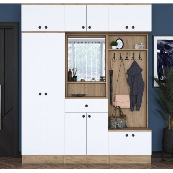 Mendy hallmbel 180 cm med overskap - Hvit/valntt
