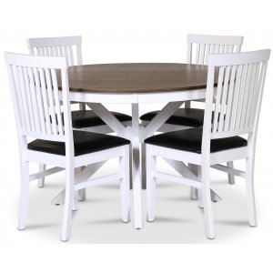 Skagen spisegruppe; rundt spisebord 120 cm - Hvit / brunoljet eik med 4 Fr stoler (Ribber i ryggen) med svart PU-sete