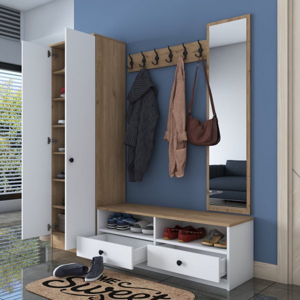 Mendy hallmøbler med speil - Hvit/valnøtt Mendy hallmøbler med speil - Hvit/valnøtt