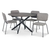 Hogrän spisegruppe Ø120 cm bord i mørkt tre + 4 stk Lokrume grå stoler