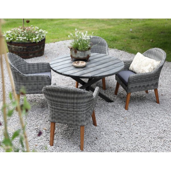 Spisegruppe Mercury: Scottsdale rundt bord inkludert 4 stk. Valetta lenestoler i gr kunstrotting