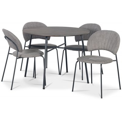 Tofta spisegruppe Ø100 cm bord i mørkt tre + 4 stk Hogrän grå stoler
