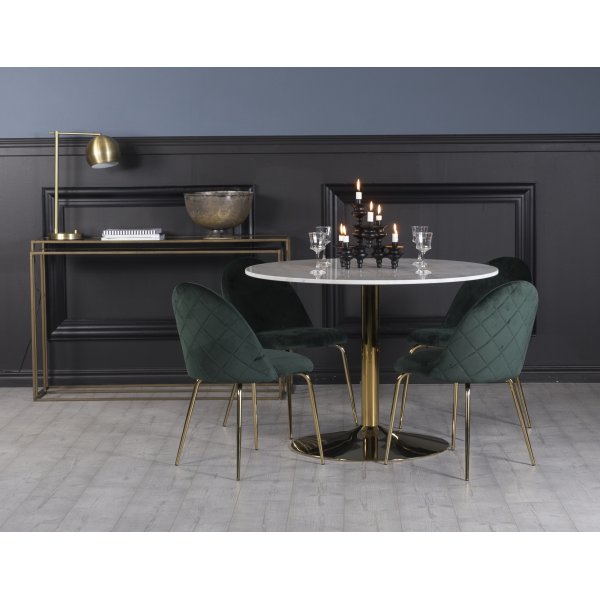 Plaza spisegruppe, marmorbord med 4 st Plaza flyelstoler - Grnn/Hvit/Messing
