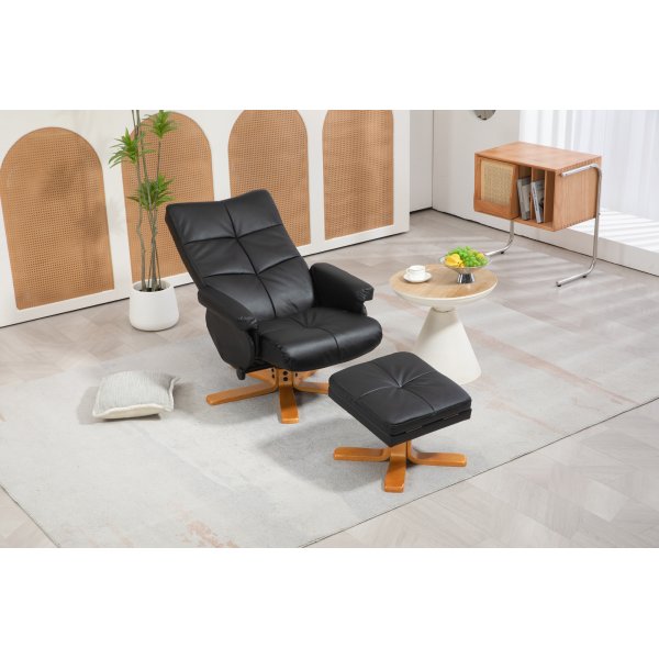 Duva hvilestol med fotskammel i sort PU med brune ben