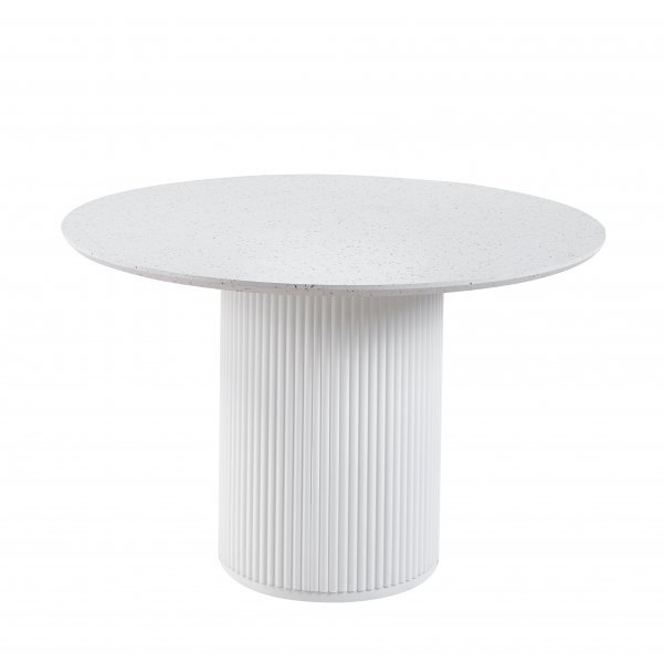 Spisegruppe Sand� spisebord �120 cm i hvit terrazzo med 4 Delta spisestoler i brun vintage