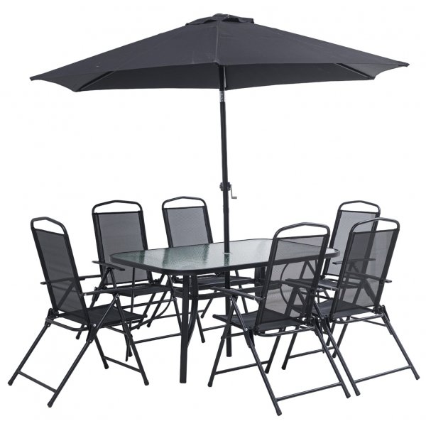 Utendørsgruppe; bord med stoler med 6 posisjoner og parasoll Utendørsgruppe; bord med stoler med 6 posisjoner og parasoll