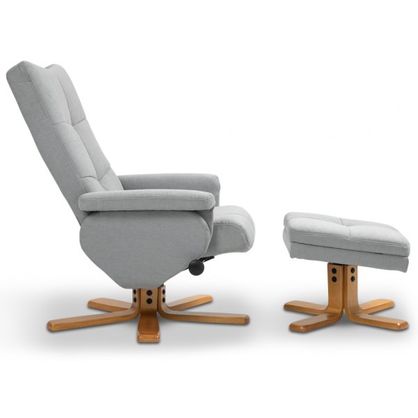 Duva justerbar lenestol inkl. fotskammel med oppbevaring - Grå stoff med treben Duva justerbar lenestol inkl. fotskammel med oppbevaring - Grå stoff med treben