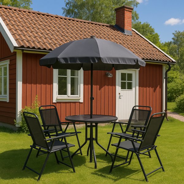Utendørs gruppebord komplett med 4 stoler og parasoll Utendørs gruppebord komplett med 4 stoler og parasoll