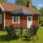 Utendrs gruppebord komplett med 4 stoler og parasoll