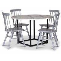 Sintorp spisegruppe, rundt spisebord Ø115 cm inkludert 4 stk. grå Orust pinnestoler - Hvit marmor (Laminat) Sintorp spisegruppe, rundt spisebord Ø115 cm inkludert 4 stk. grå Orust pinnestoler - Hvit marmor (Laminat)