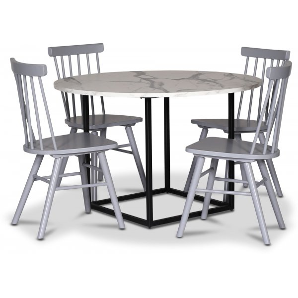 Sintorp spisegruppe, rundt spisebord 115 cm inkludert 4 stk. gr Orust pinnestoler - Hvit marmor (Laminat)
