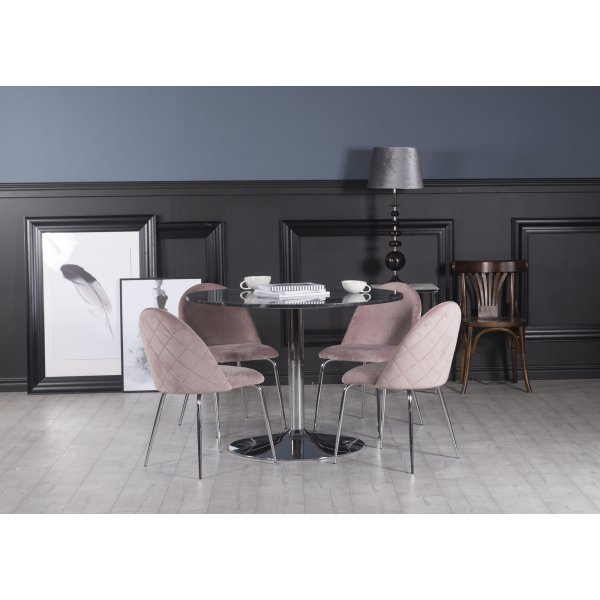 Plaza spisegruppe, marmorbord med 4 st Plaza flyelstoler - Rosa/Gr/Krom