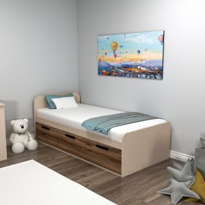 Akser enkeltseng med innebygget oppbevaring 190 x 90 cm - Lys valnøtt/beige Akser enkeltseng med innebygget oppbevaring 190 x 90 cm - Lys valnøtt/beige