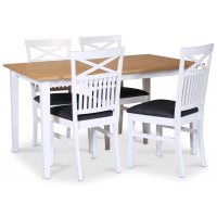 Fårö spisegruppe; spisebord 140x90 cm - Hvit / oljet eik med 4 Fårö spisestoler med grått stoffsete Fårö spisegruppe; spisebord 140x90 cm - Hvit / oljet eik med 4 Fårö spisestoler med grått stoffsete