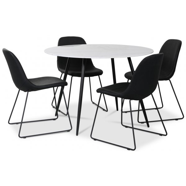 Atlantic spisegruppe, 110 cm rundt bord + 4 st Atlantic Sledestoler svart PU