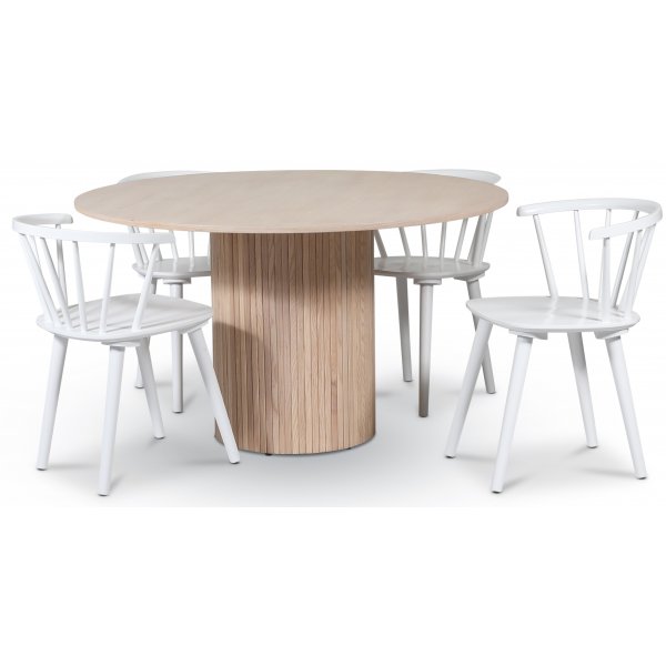 Pose spisegruppe: Bord 130 cm inkludert 4 stk hvite karmstoler - Whitewash