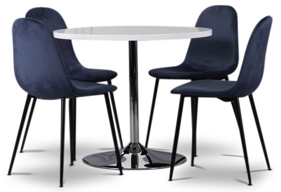 Tiana spisegruppe, rundt spisebord med 4 stk Carisma fløyelsstoler - Hvit/Blå Tiana spisegruppe, rundt spisebord med 4 stk Carisma fløyelsstoler - Hvit/Blå