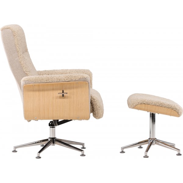 Lenestol med fotskammel - Beige saueskinnsimitasjon/oljet eik + Tekstilpleie for møbler Lenestol med fotskammel - Beige saueskinnsimitasjon/oljet eik + Tekstilpleie for møbler