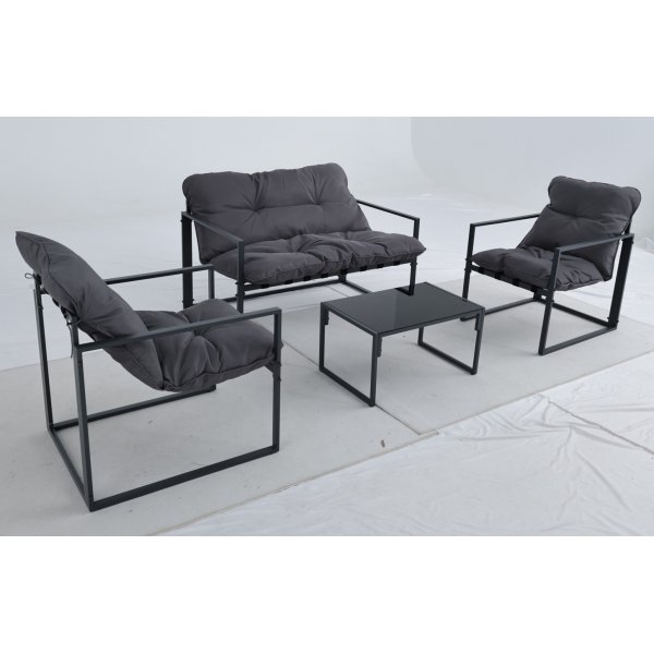 Utendrsgruppe; sofa + 2 lenestoler + salongbord Svart/gr - Kreta