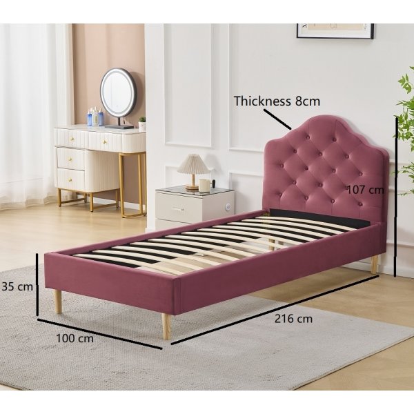 Lemings sengeramme med sengegavl - Rosa fløyel - 90 x 200 cm Lemings sengeramme med sengegavl - Rosa fløyel - 90 x 200 cm