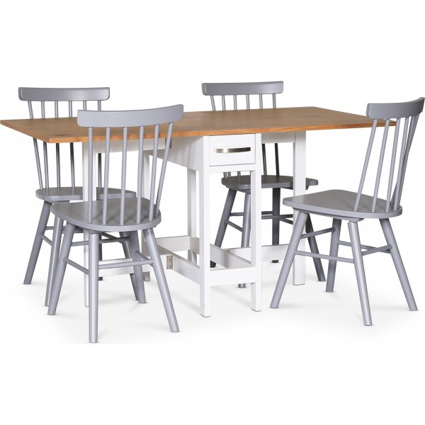 Fr spisegruppe; Fr klaffbord med 4 gr Orust pinnestoler
