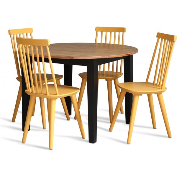 Dalsland spisegruppe: Rundt bord i Eik/Sort med 4 gule stokkstoler Dalsland spisegruppe: Rundt bord i Eik/Sort med 4 gule stokkstoler