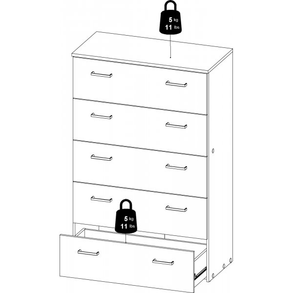 Space kommode hvit med 5 skuffer, bredde 74 cm og høyde 115 cm Space kommode hvit med 5 skuffer, bredde 74 cm og høyde 115 cm
