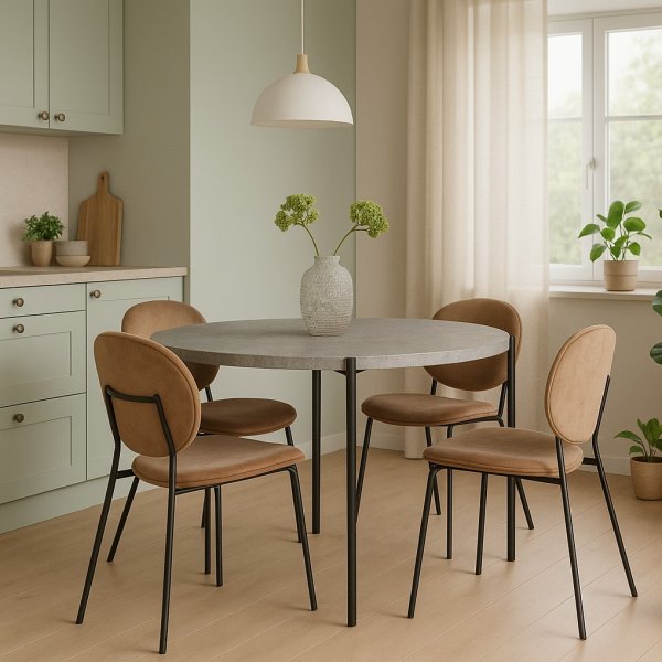 Shanghai spisegruppe �120 cm inkl. 4 stk. Rondo stoler i brun fl�yel - Sementimitasjon