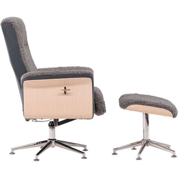 Lenestol med fotskammel - Grå saueskinnsimitasjon/hvitkalket eik Lenestol med fotskammel - Grå saueskinnsimitasjon/hvitkalket eik