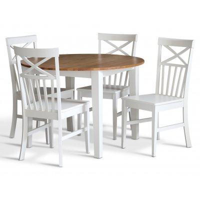 Dalsland spisegruppe: Rundt bord i Eik/Hvit med 4 hvite spisestoler Nidinge