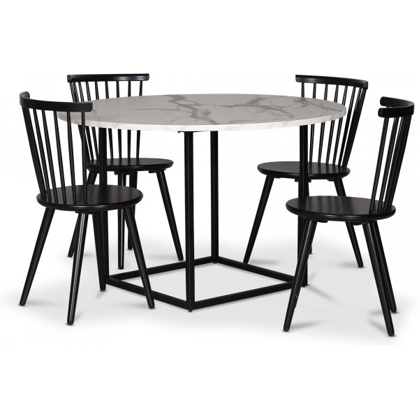Sintorp spisegruppe, rundt spisebord 115 cm inkludert 4 stk. svarte Castor pinnestoler  hvit marmor (laminat)