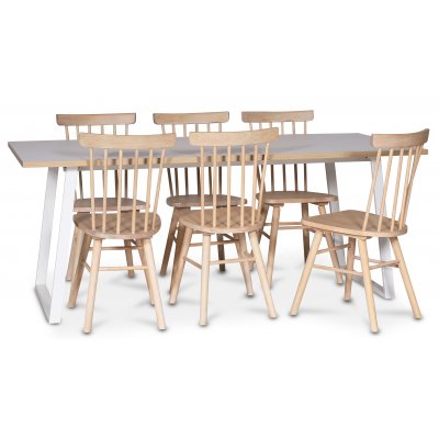 Edge spisegruppe; Spisebord i hvit HPL 190x90 cm med 6 Orust stokkstoler i hvitvask