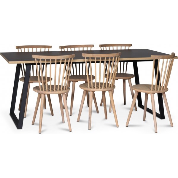 Edge 3.0 spisegruppe 190x90 cm inkludert 6 stk. hvitoljede Castor pinnestoler - svart hytrykkslaminat (HPL)