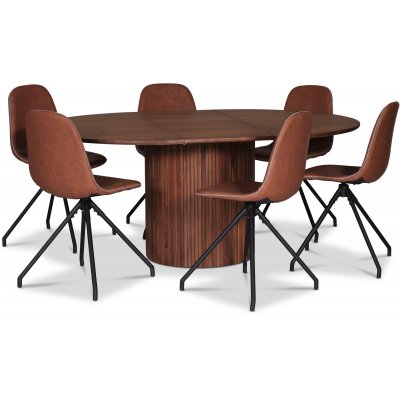 Nova spisegruppe, uttrekkbart spisebord 130-170 cm inkl. 6 stk. Bridge svingbare spisestoler - Valntt