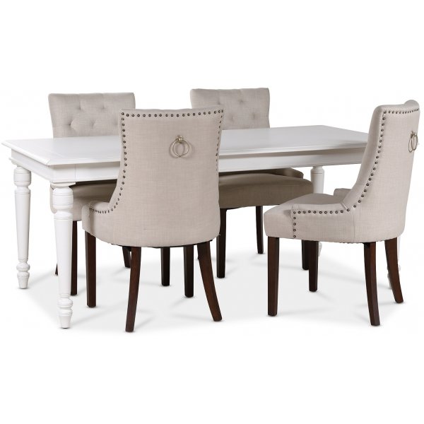 Paris spisegruppe hvitt bord med 4 stk Tuva New Port stoler i beige stoff med bakhndtak