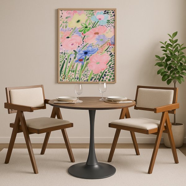 Olmo spisebord Ø90 cm i valnøtt/svart med 2 Sara lenestoler i valnøtt og lin Olmo spisebord Ø90 cm i valnøtt/svart med 2 Sara lenestoler i valnøtt og lin