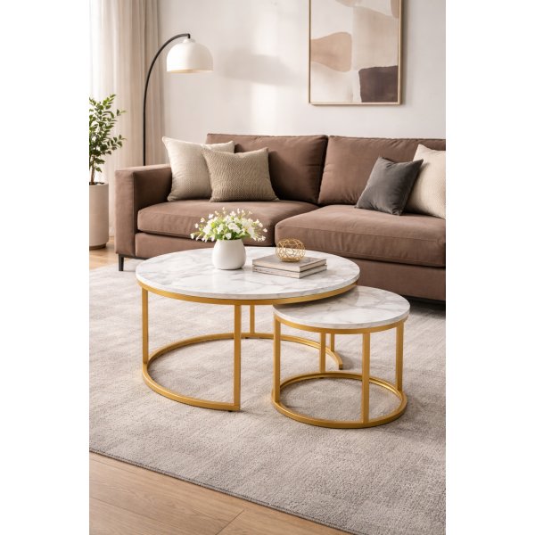 Ruffo salongbord �38/60 cm - Hvit marmor/gull