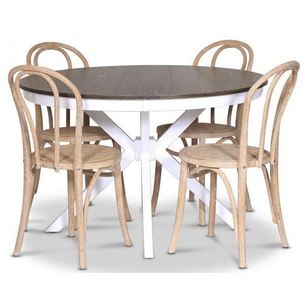 Skagen spisegruppe; rundt spisebord 120 cm - Hvit / brunbeiset eik med 4 stk Danderyd No.18 stoler whitewash