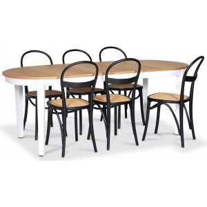 Fr spisegruppe; Ovalt spisebord 160-210 cm - Hvit / Oljet eik med 6 stk Danderyd No.16 spisestoler Svart