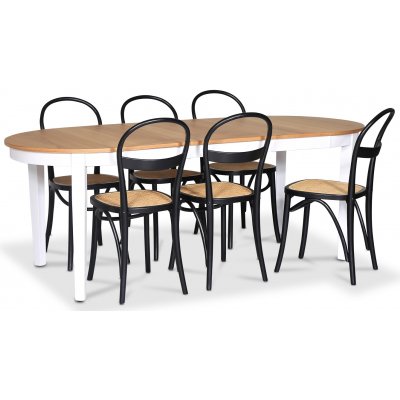 Fårö spisegruppe; Ovalt spisebord 160-210 cm - Hvit / Oljet eik med 6 stk Danderyd No.16 spisestoler Svart