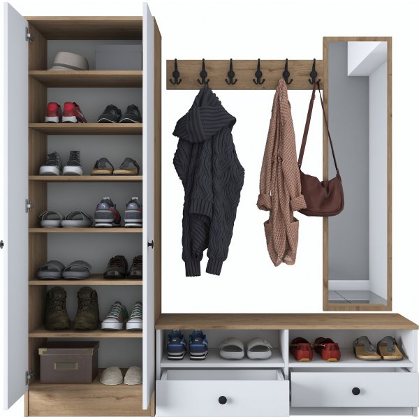 Mendy hallmøbler med speil - Hvit/valnøtt Mendy hallmøbler med speil - Hvit/valnøtt