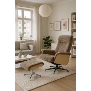 Lenestol i saueskinn med fotskammel - Brun / eik - Ulla Lenestol i saueskinn med fotskammel - Brun / eik - Ulla