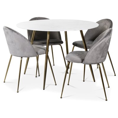 Art spisegruppe: rundt bord marmor/Messing + 4 stk Art stoler gr flyel / Messing
