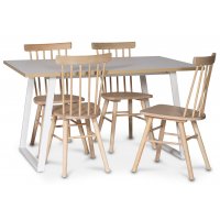 Edge spisegruppe; Spisebord i hvit HPL 140x90 cm med 4 Orust stokkstoler i hvitvask Edge spisegruppe; Spisebord i hvit HPL 140x90 cm med 4 Orust stokkstoler i hvitvask