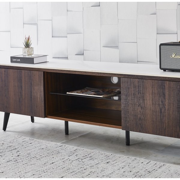 Salvador TV-stativ med oppbevaring 160 cm langt - Marmor / mrkebrun