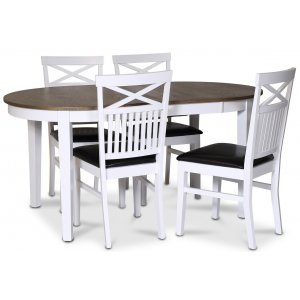 Skagen spisegruppe; spisebord 160/210x90 cm - Hvit / brunoljet eik med 4 stk Fr stoler med kryss, PU-sete