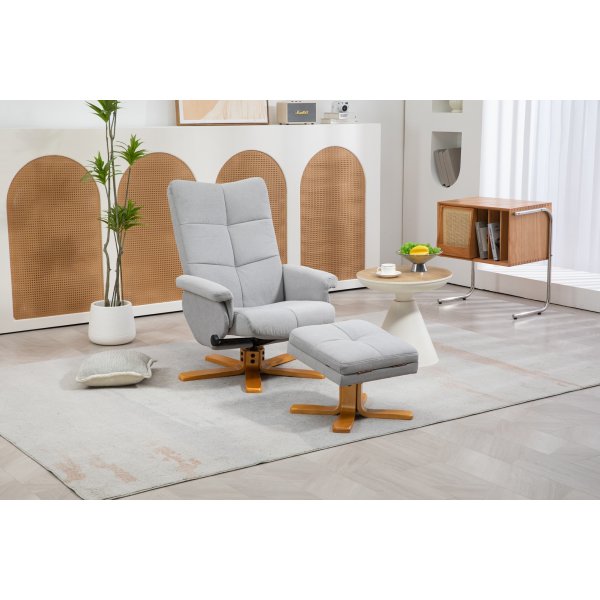 Duva justerbar lenestol inkl. fotskammel med oppbevaring - Grå stoff med treben Duva justerbar lenestol inkl. fotskammel med oppbevaring - Grå stoff med treben