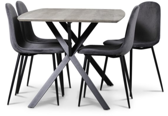 Smokey Spisegruppe, spisebord med 4 stk Carisma fløyelsstoler - Grå Smokey Spisegruppe, spisebord med 4 stk Carisma fløyelsstoler - Grå